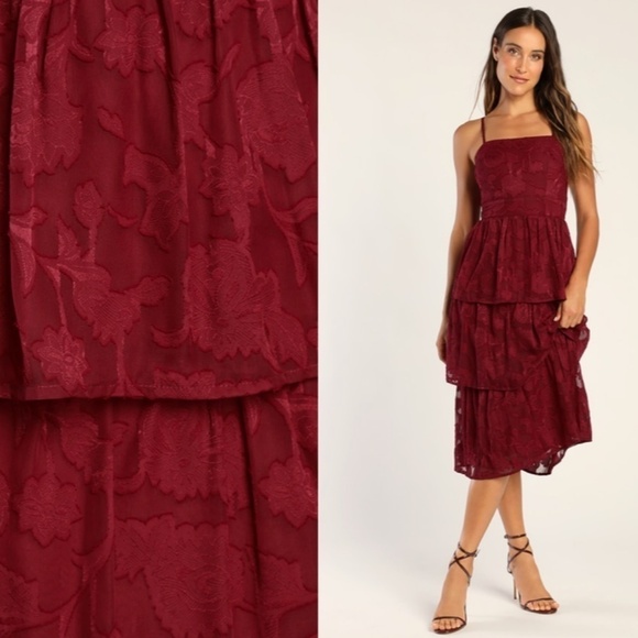 LULUS Prom Wedding Flowy Sexy FLoral Boho Tiered Ruffles Bustier Midi Dress - Picture 3 of 4